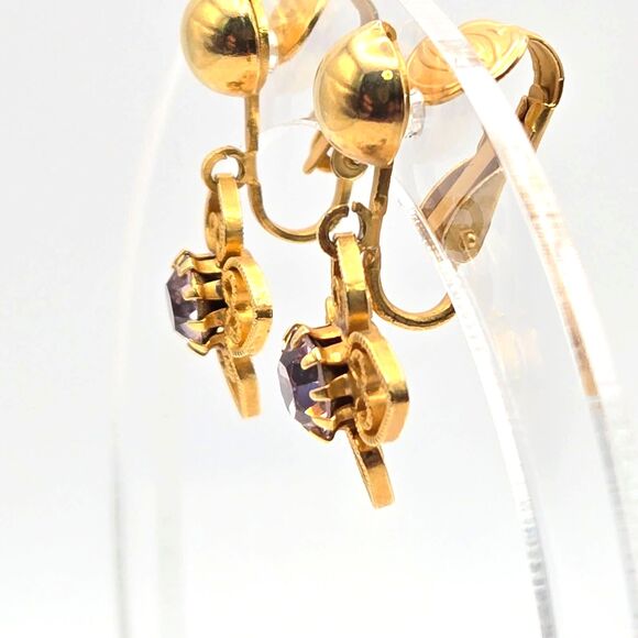 Vintage Goldtone Flower with Pale‎ Purple Rhinestone Dangle Clip On Earrings - Picture 3 of 6
